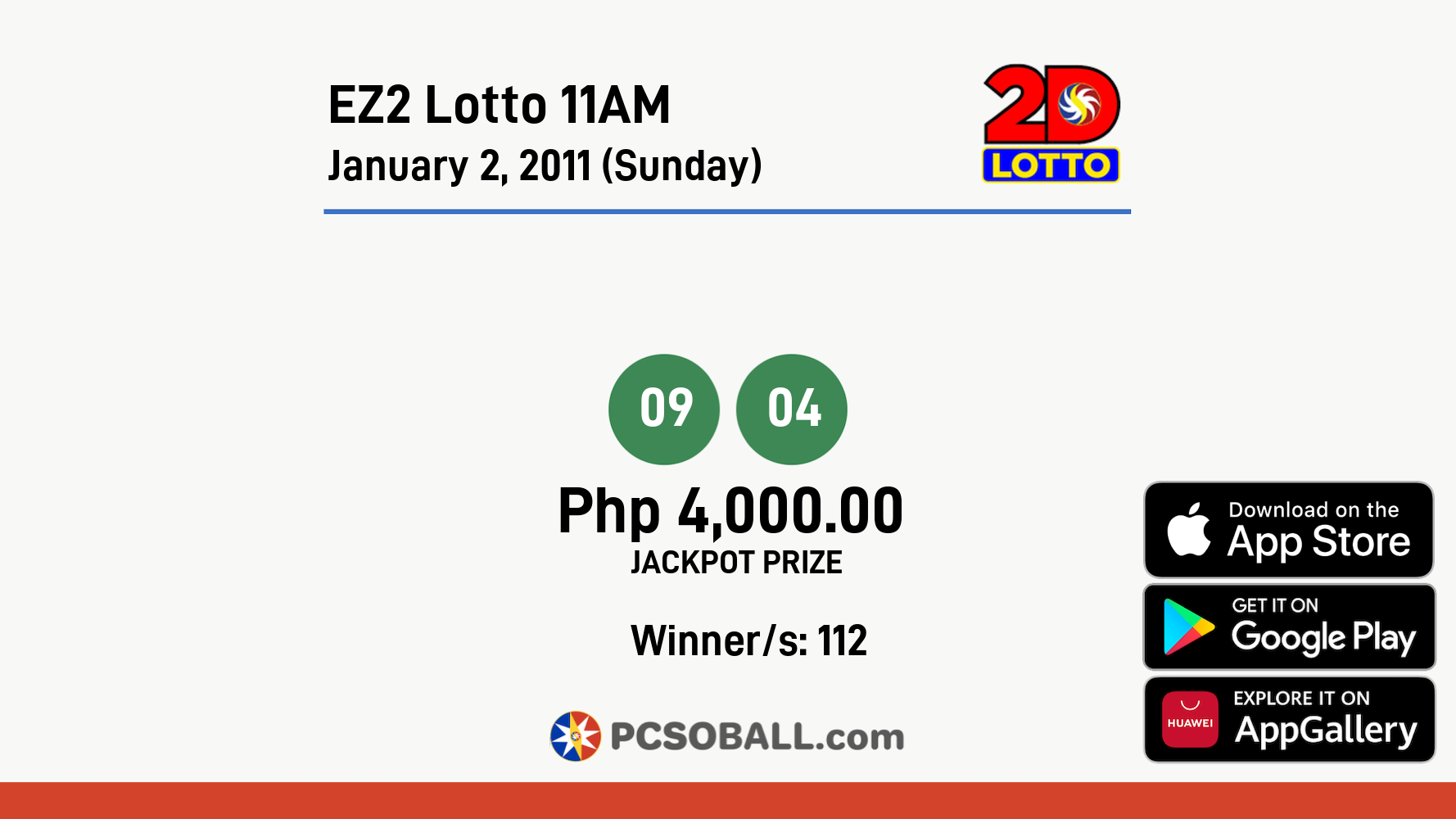 EZ2 Lotto 11AM January 2, 2011 (Sunday) Result