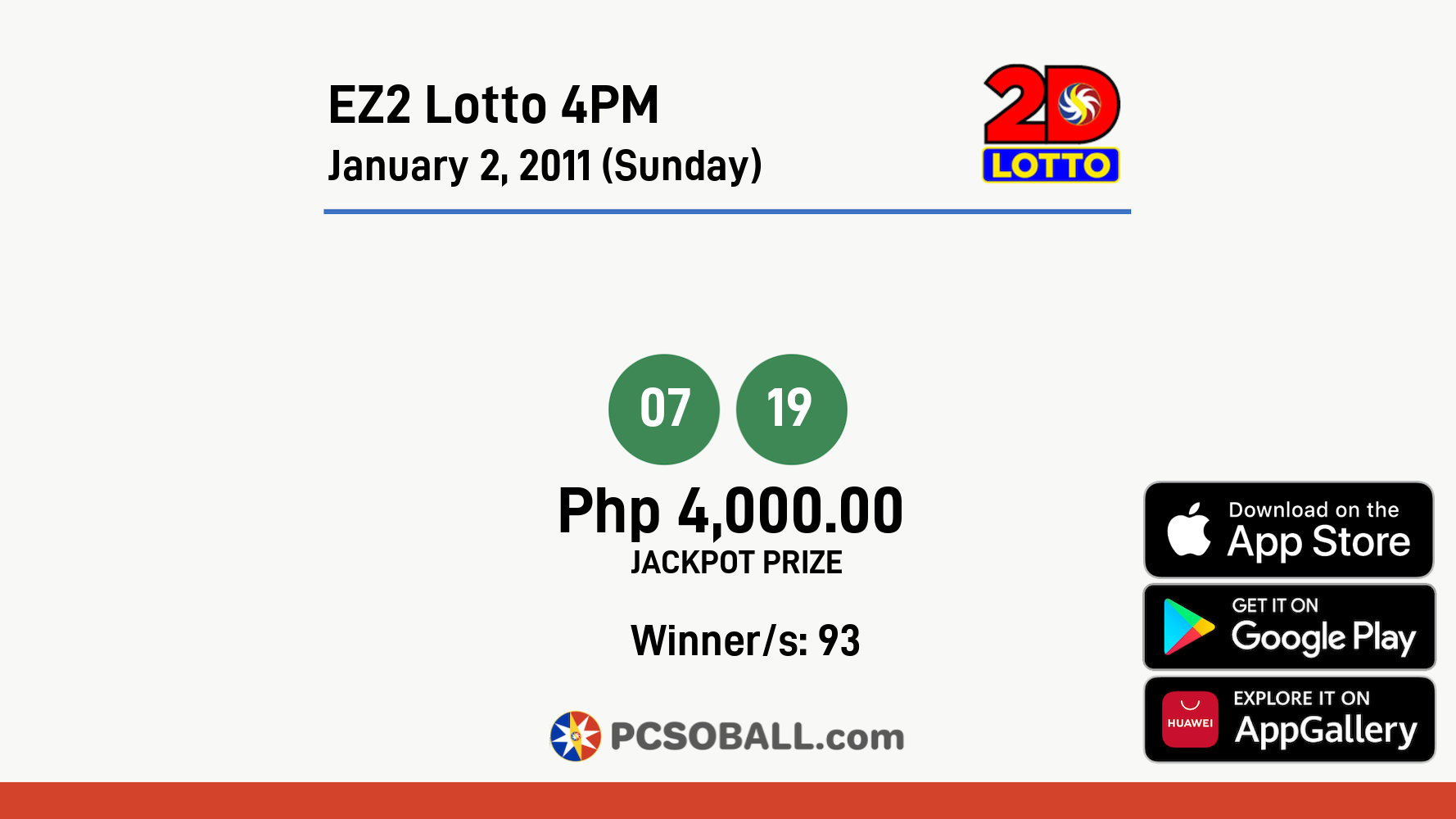 EZ2 Lotto 4PM January 2, 2011 (Sunday) Result