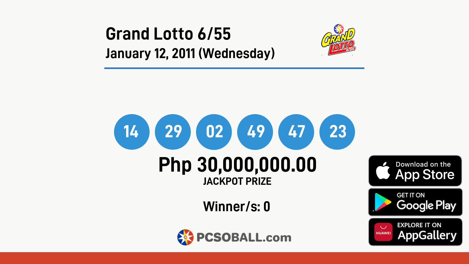 Grand Lotto 6/55 January 12, 2011 (Wednesday) Result