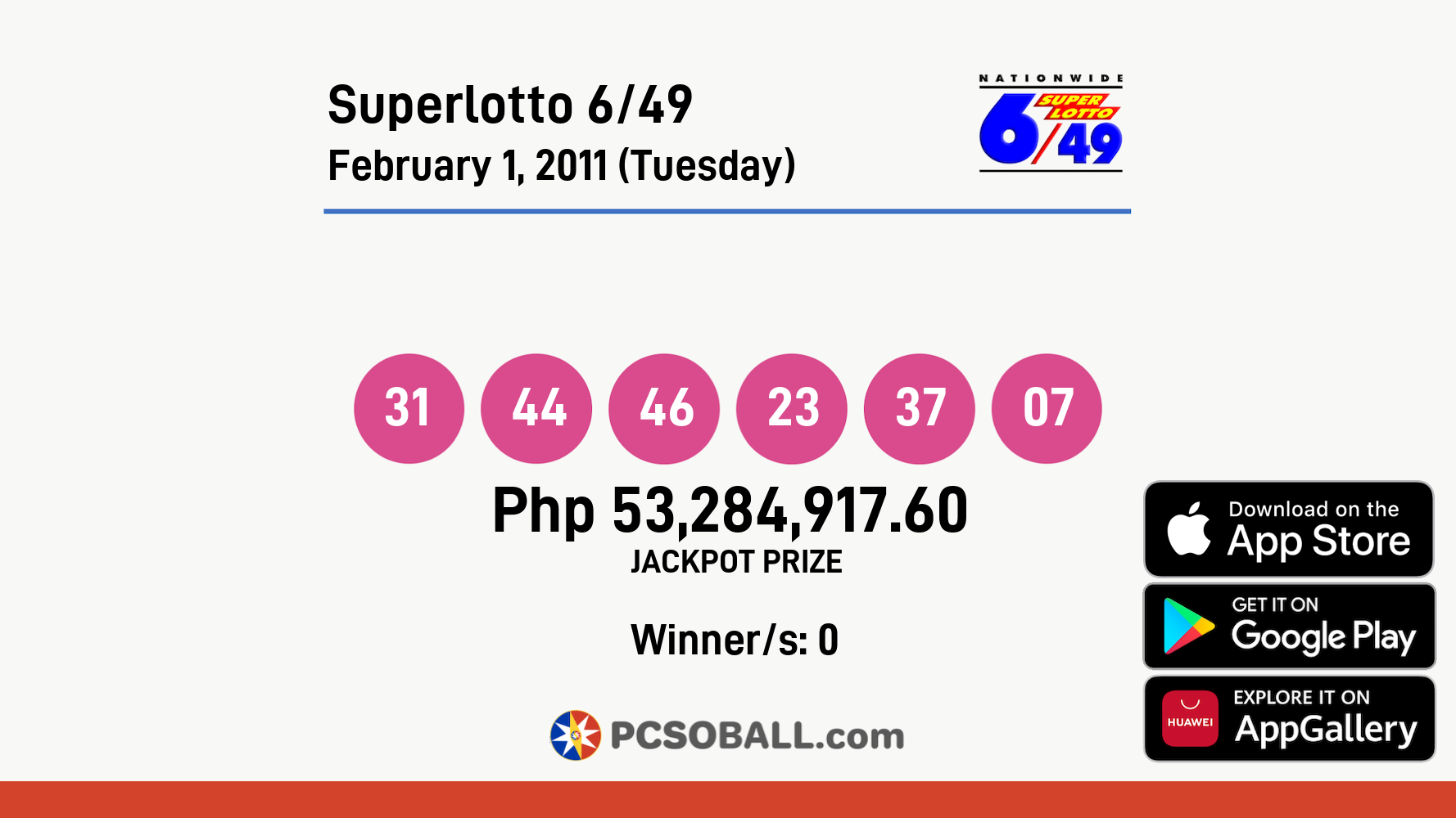 Superlotto 6/49 February 1, 2011 (Tuesday) Result