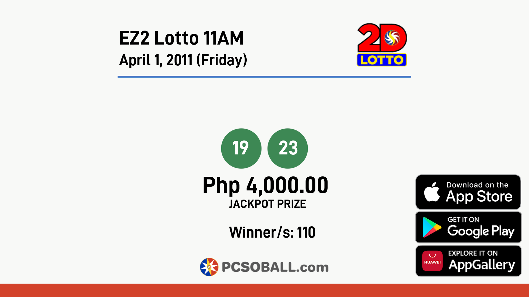 EZ2 Lotto 11AM April 1, 2011 (Friday) Result