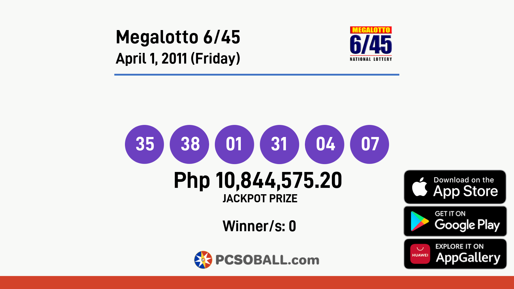 Megalotto 6/45 April 1, 2011 (Friday) Result