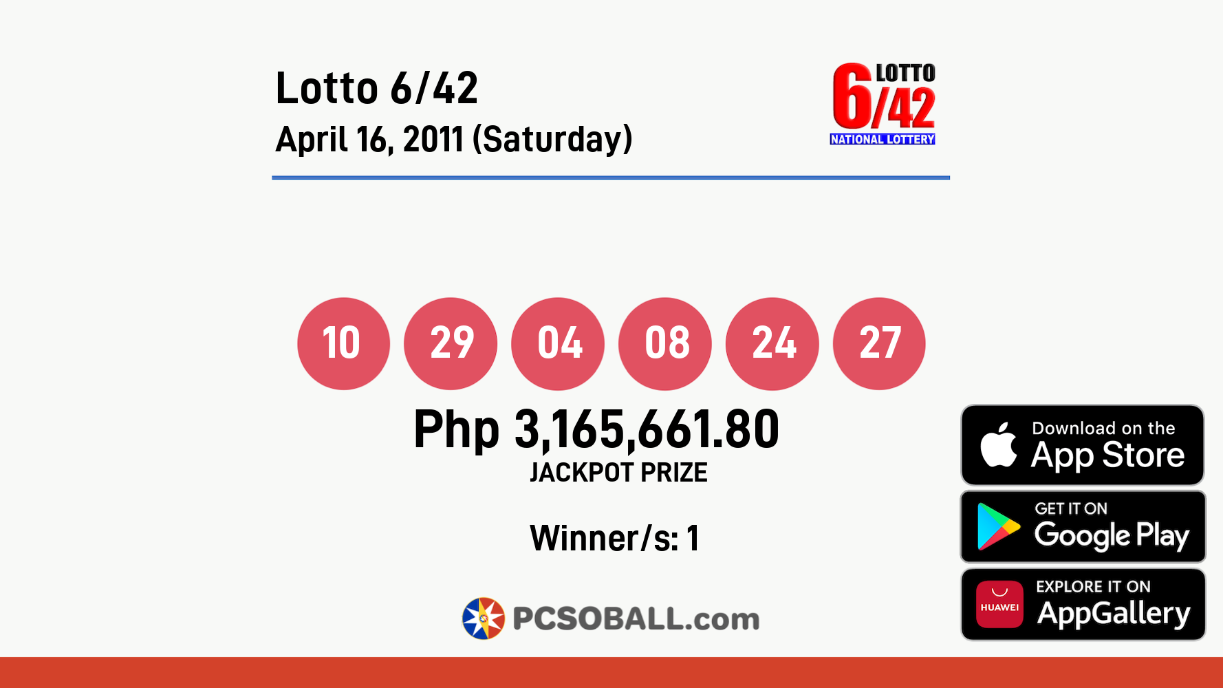 Lotto 6/42 April 16, 2011 (Saturday) Result