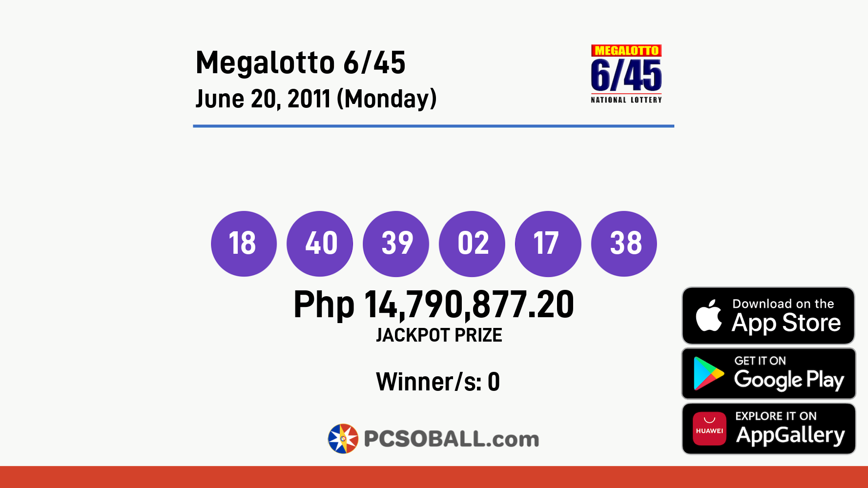 Megalotto 6/45 June 20, 2011 (Monday) Result