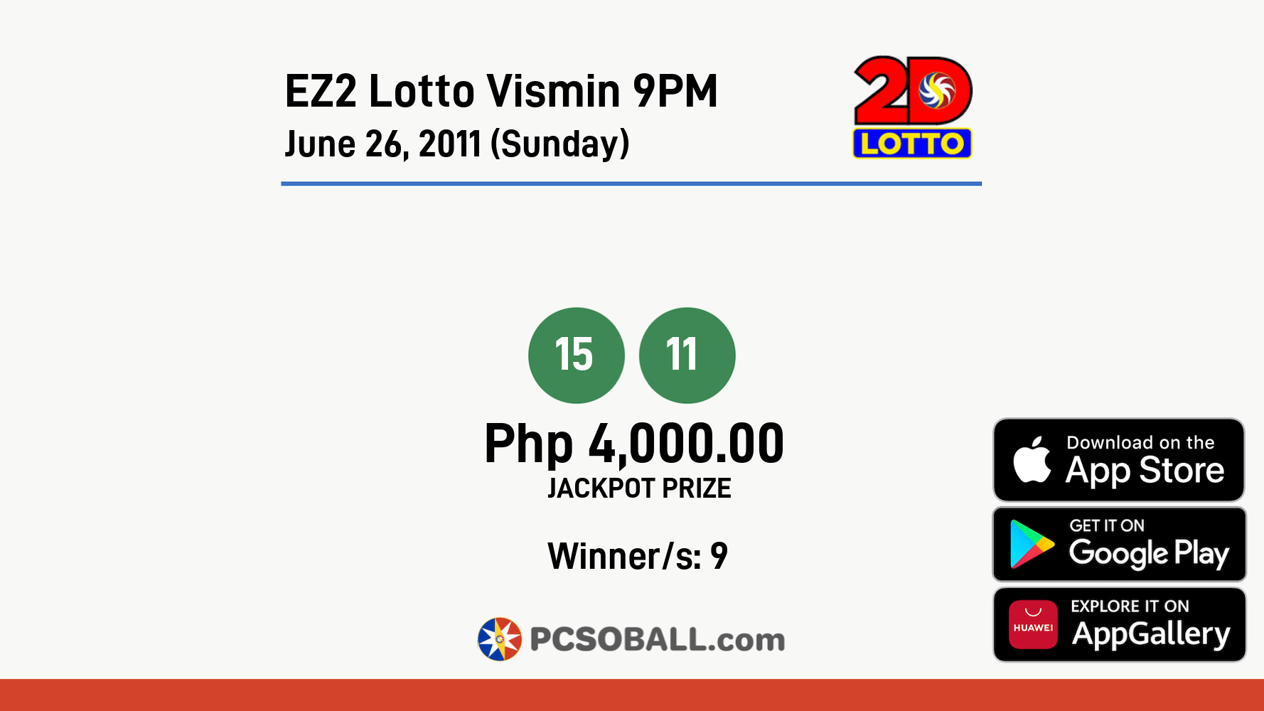 EZ2 Lotto Vismin 9PM June 26, 2011 (Sunday) Result