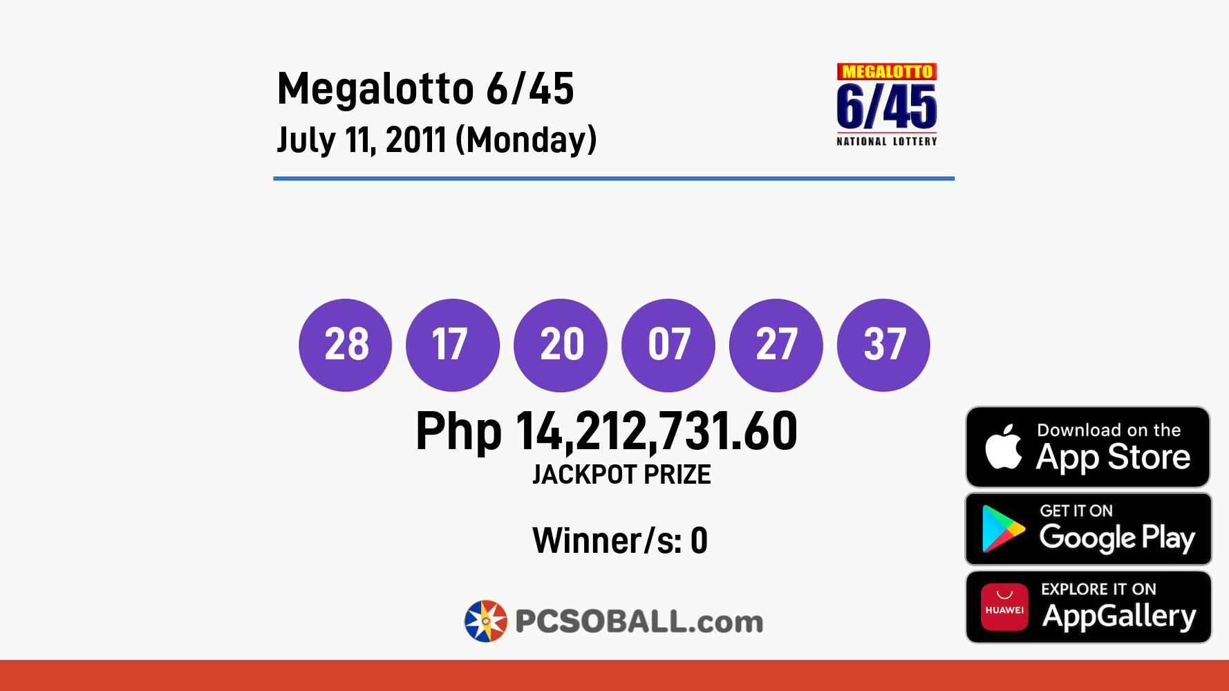 Megalotto 6/45 July 11, 2011 (Monday) Result