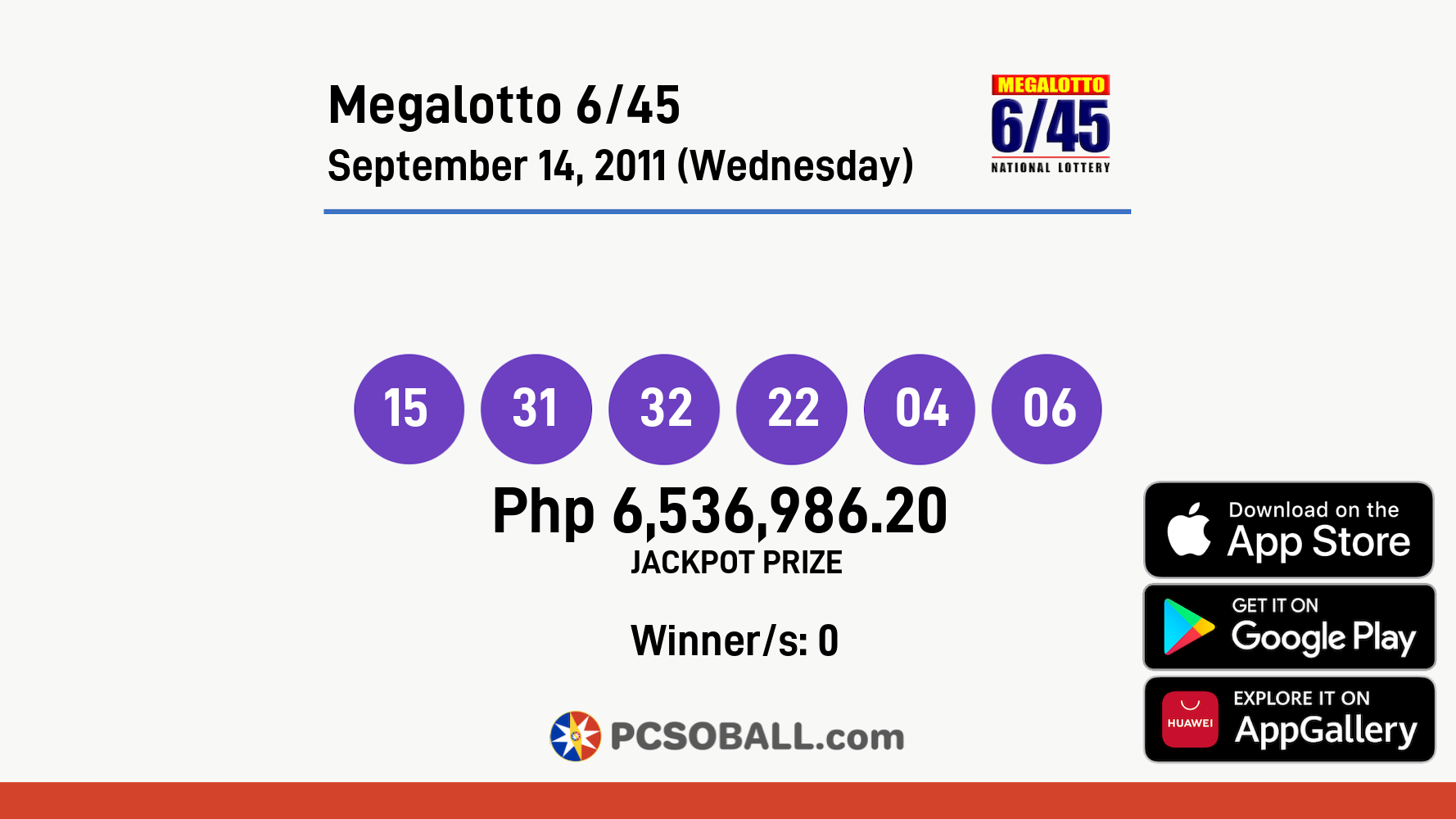 Megalotto 6/45 September 14, 2011 (Wednesday) Result