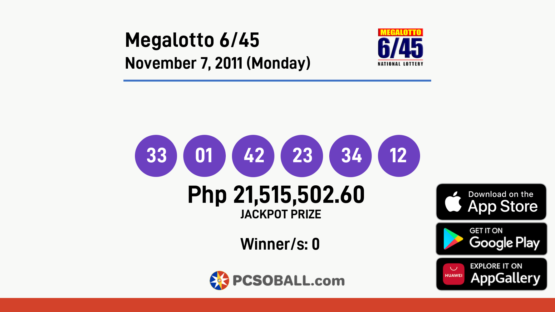 Megalotto 6/45 November 7, 2011 (Monday) Result