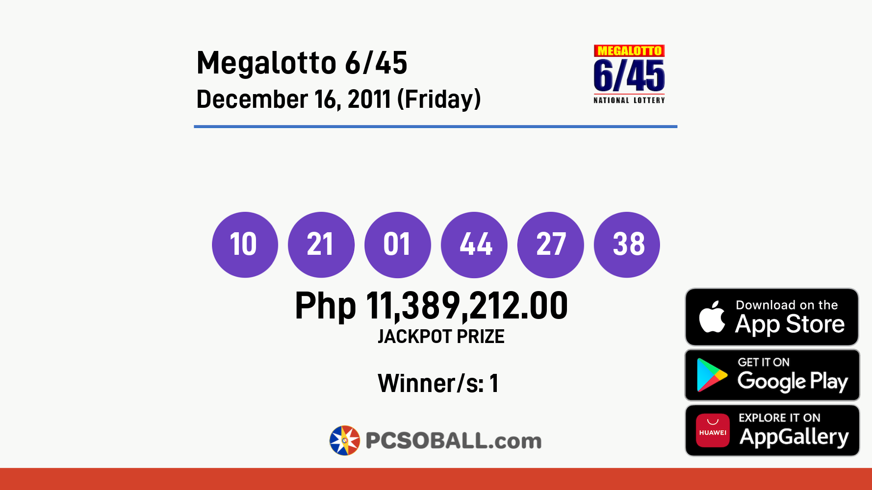 Megalotto 6/45 December 16, 2011 (Friday) Result