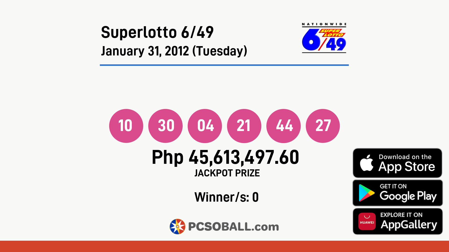 Superlotto 6/49 January 31, 2012 (Tuesday) Result