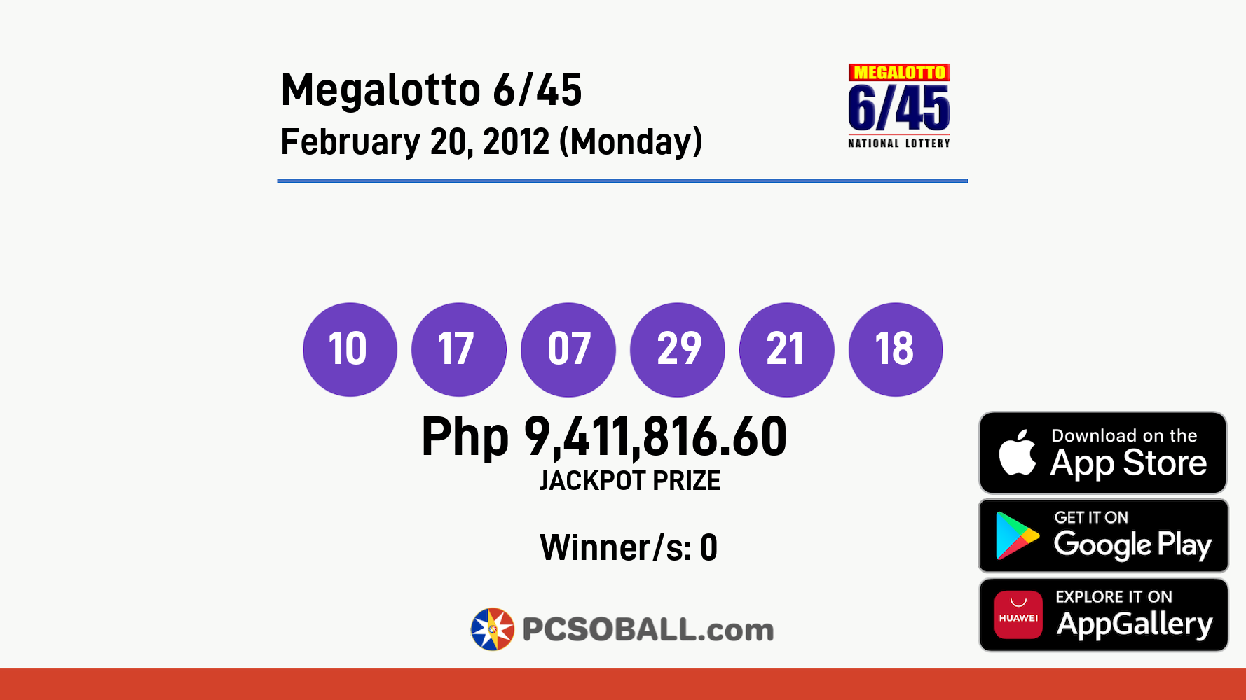 Megalotto 6/45 February 20, 2012 (Monday) Result