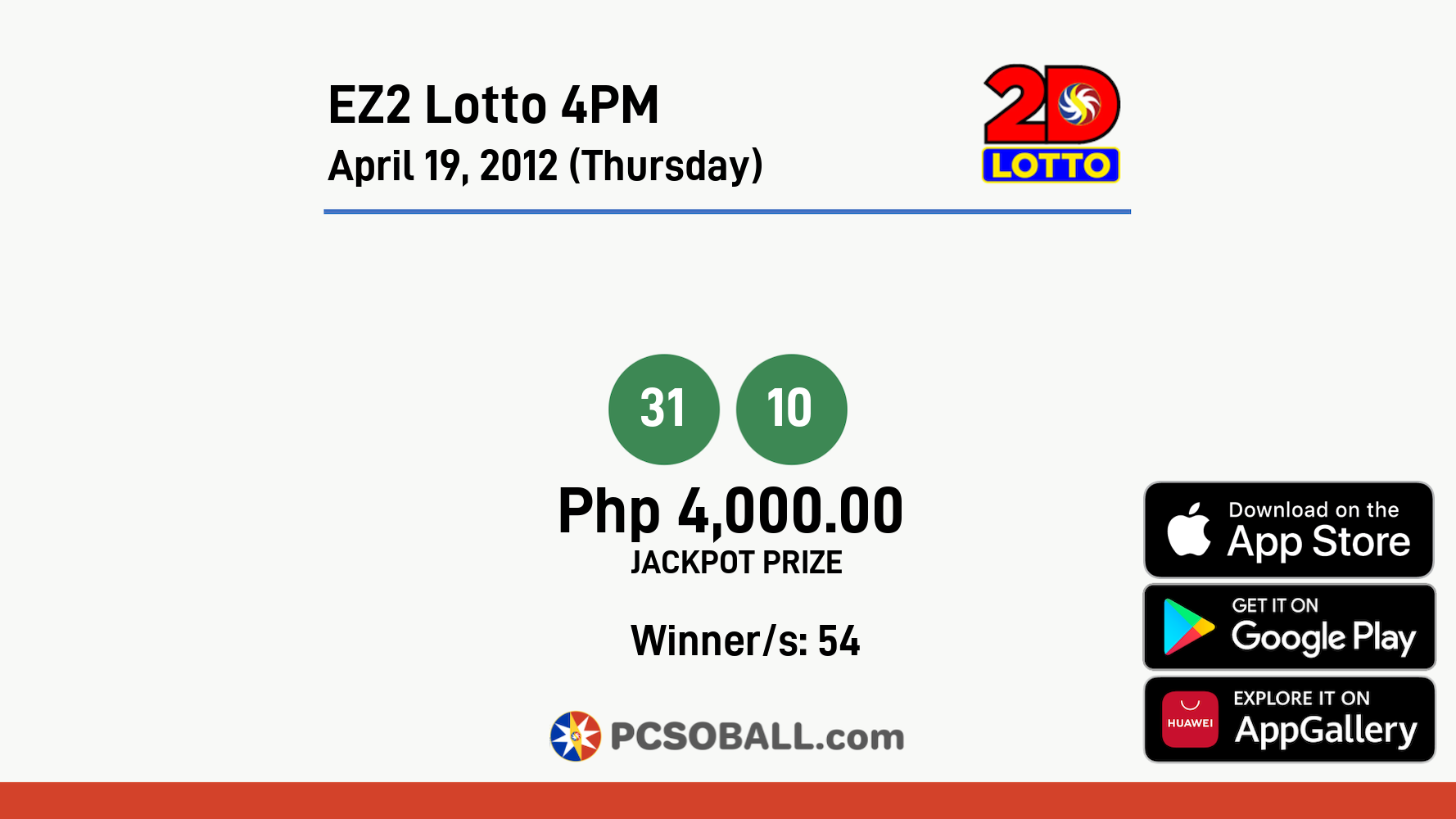 EZ2 Lotto 4PM April 19, 2012 (Thursday) Result