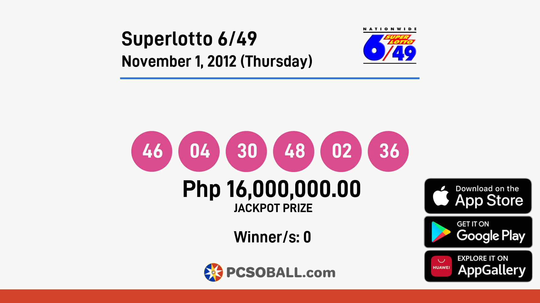 Superlotto 6/49 November 1, 2012 (Thursday) Result