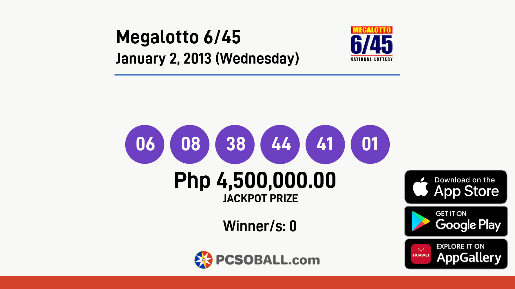 Megalotto 6/45 January 2, 2013 (Wednesday) Result