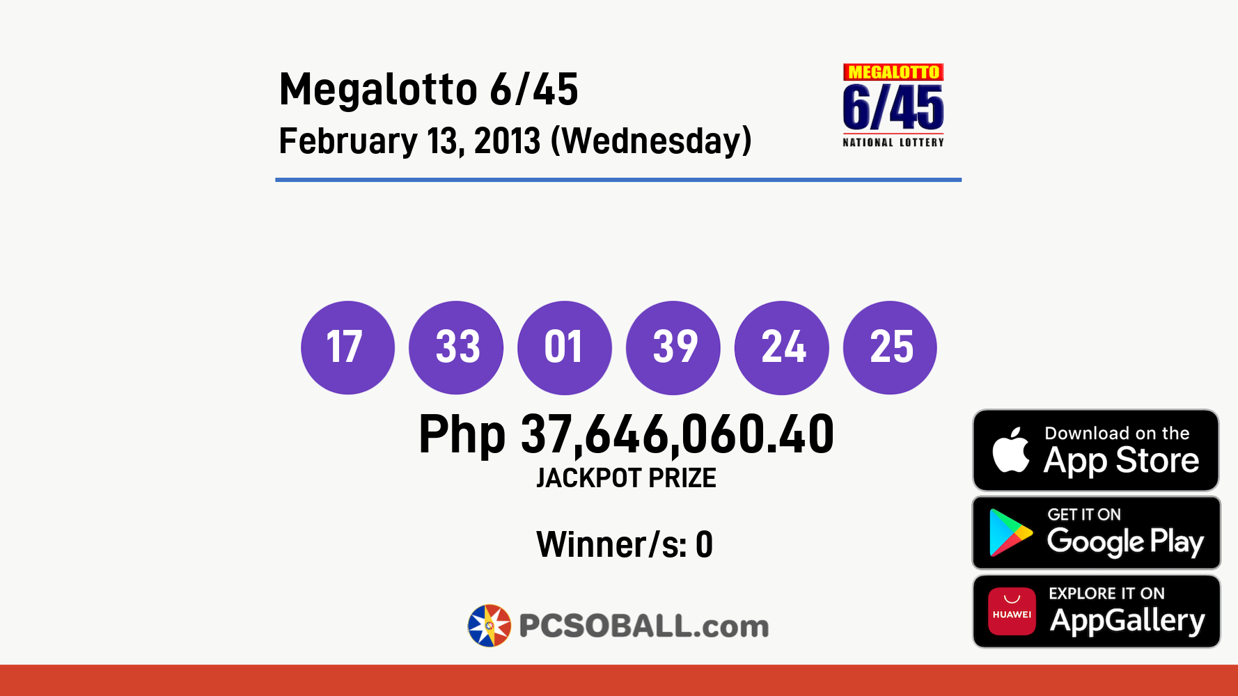 Megalotto 6/45 February 13, 2013 (Wednesday) Result