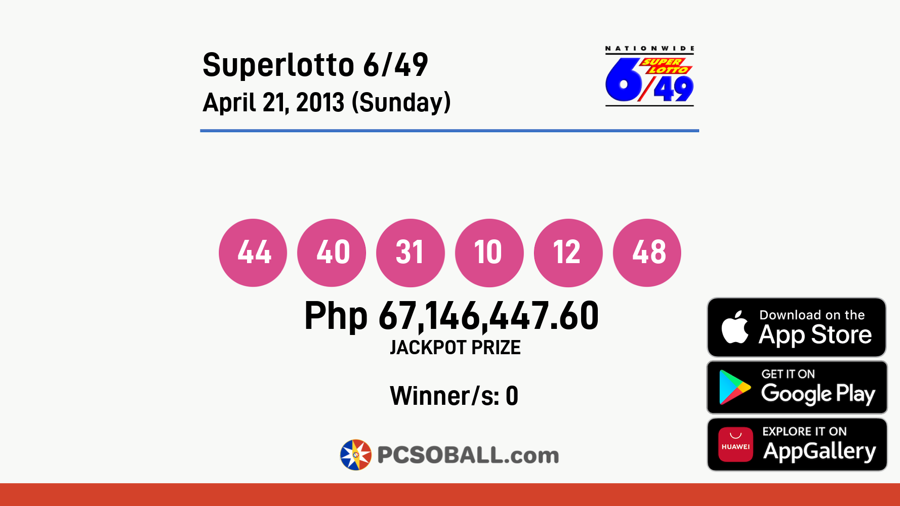 Superlotto 6/49 April 21, 2013 (Sunday) Result