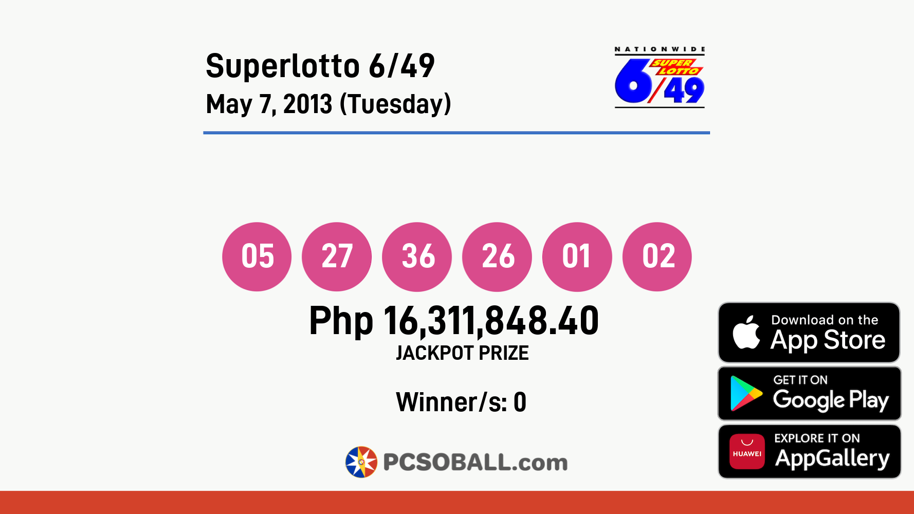 Superlotto 6/49 May 7, 2013 (Tuesday) Result