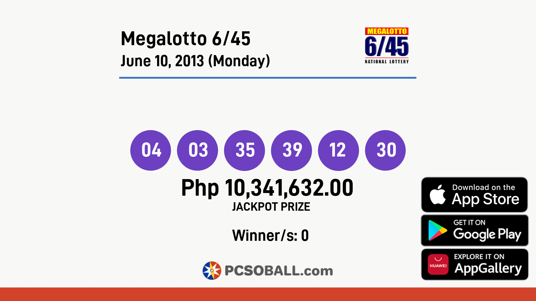Megalotto 6/45 June 10, 2013 (Monday) Result