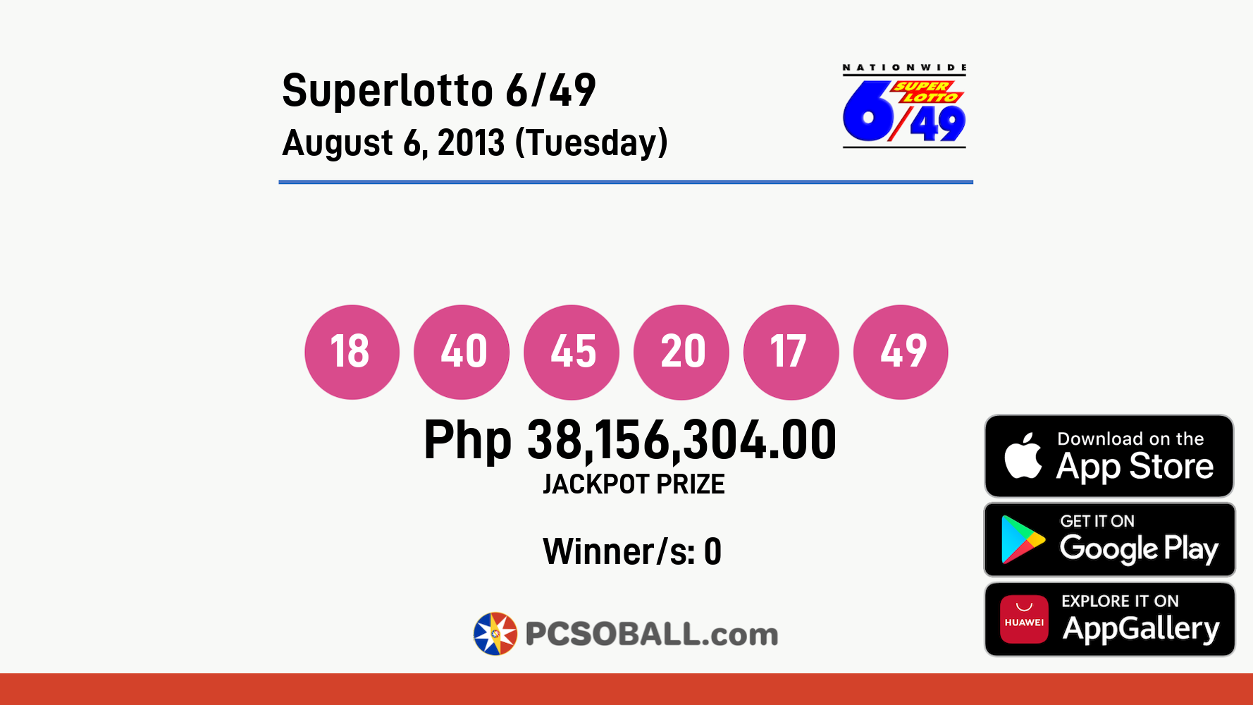 Superlotto 6/49 August 6, 2013 (Tuesday) Result