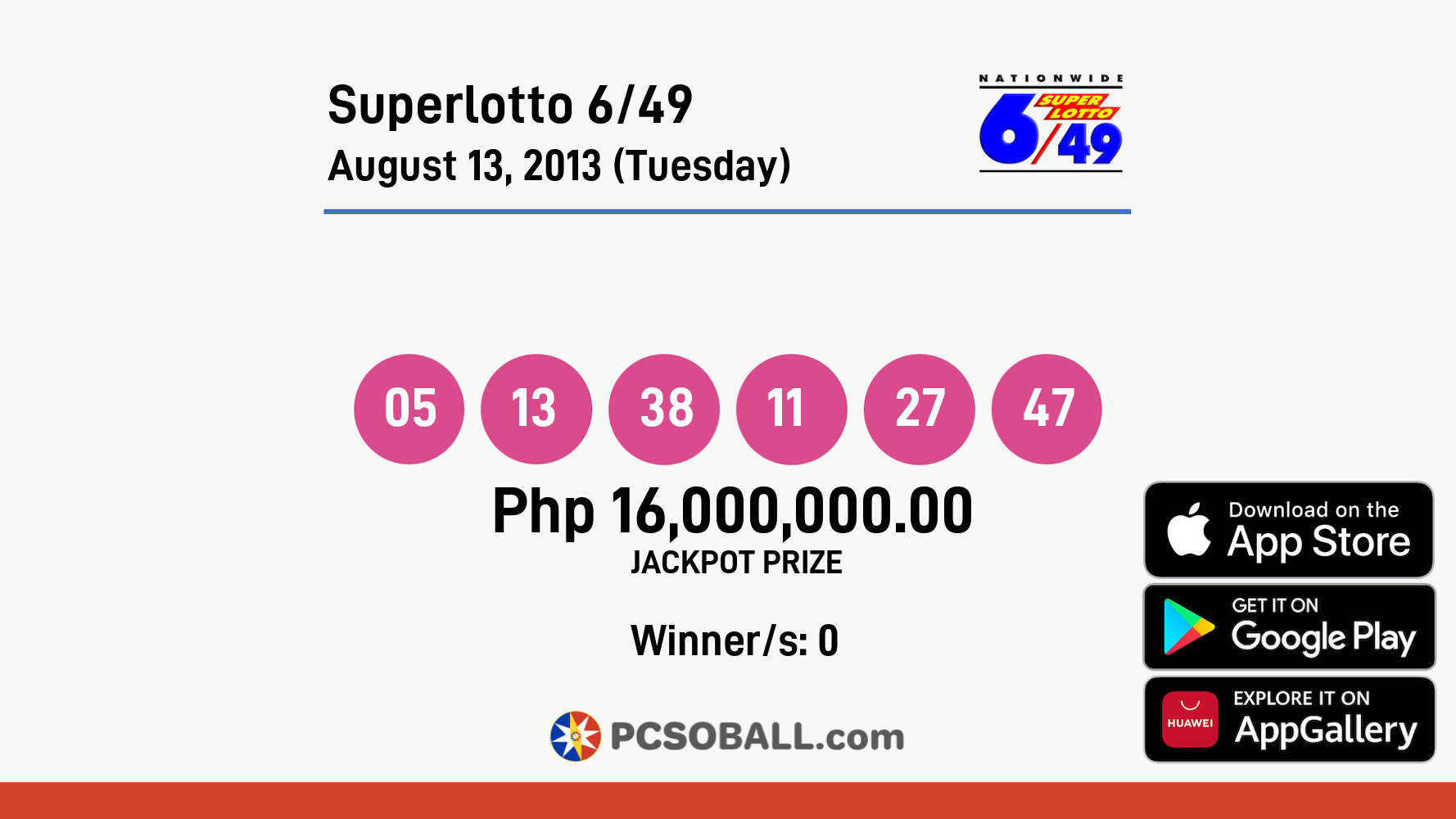 Superlotto 6/49 August 13, 2013 (Tuesday) Result