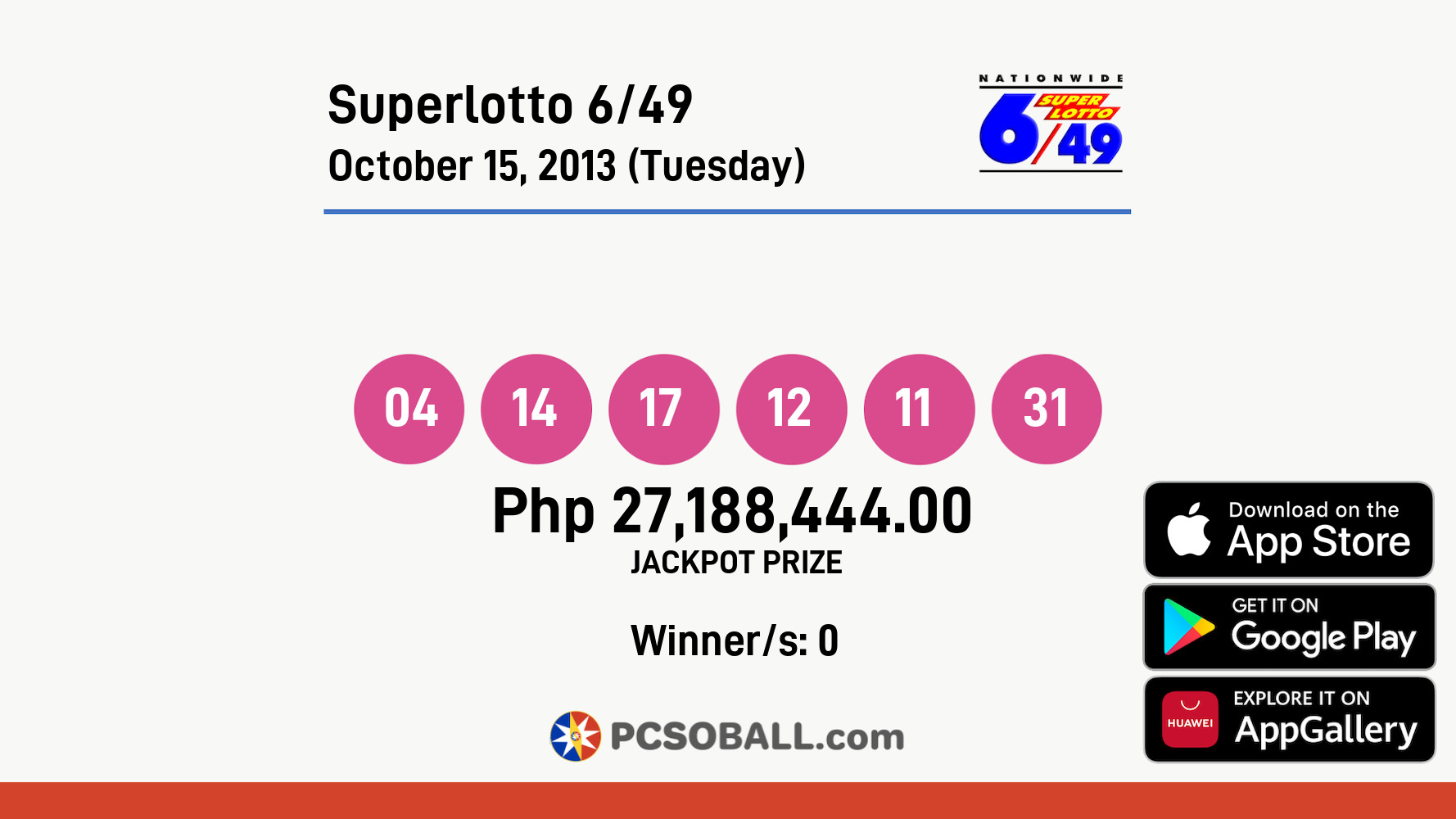 Superlotto 6/49 October 15, 2013 (Tuesday) Result