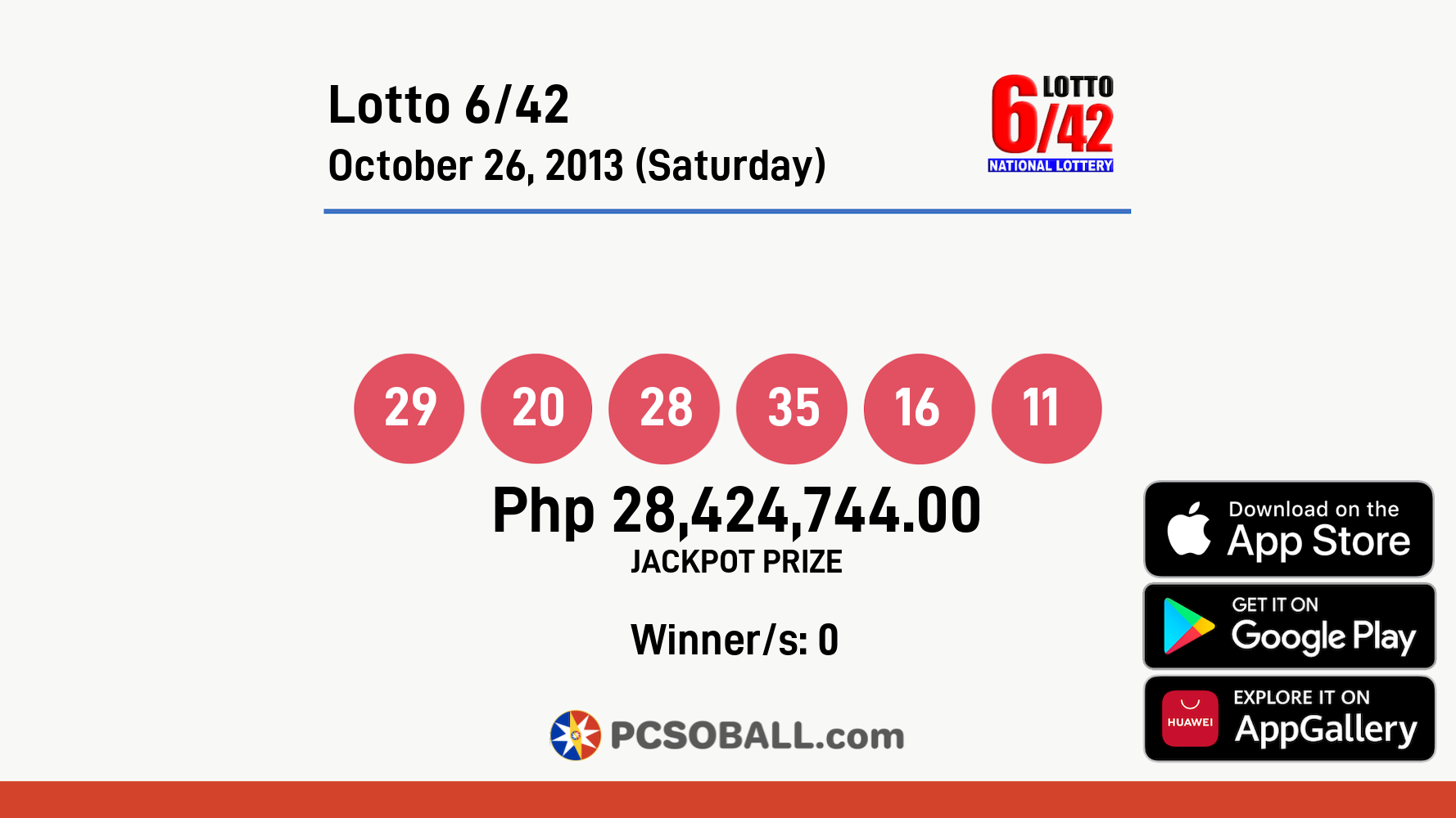 Lotto 6/42 October 26, 2013 (Saturday) Result