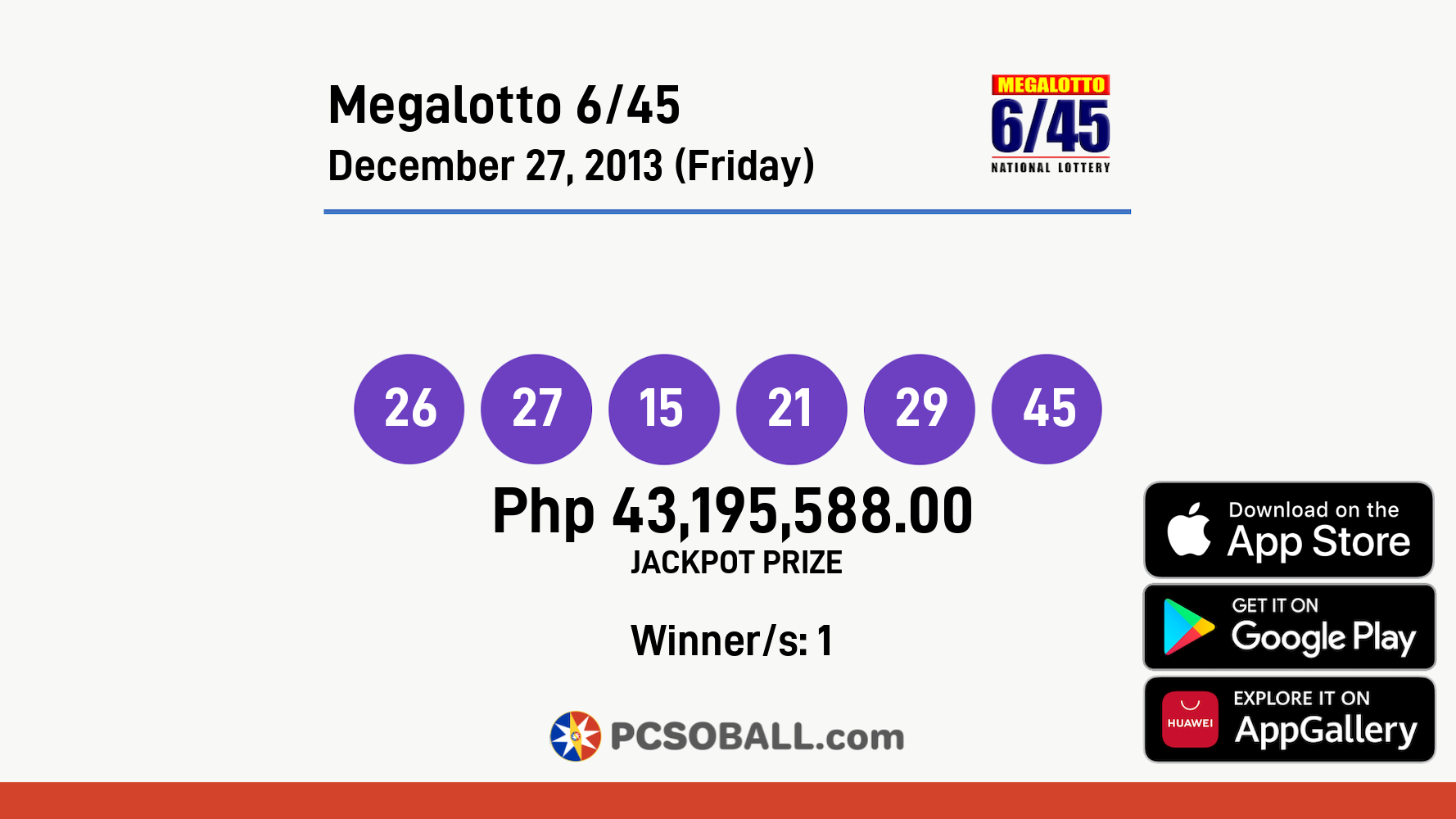 Megalotto 6/45 December 27, 2013 (Friday) Result