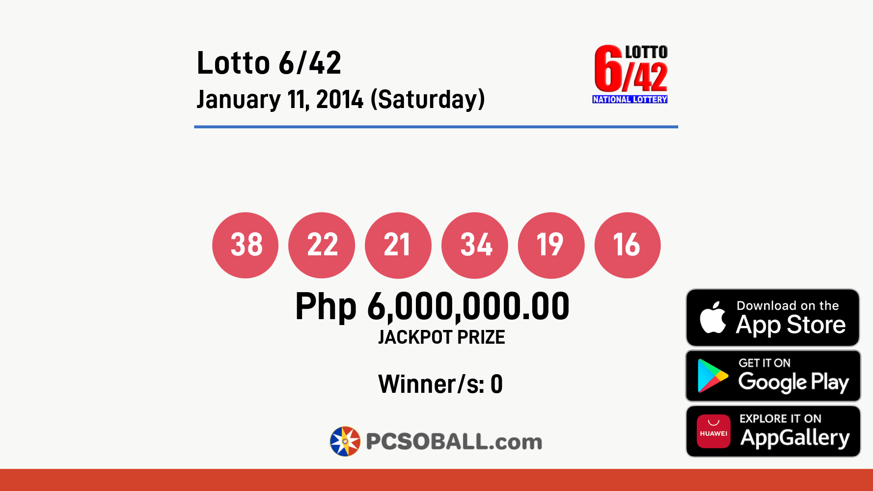 Lotto 6/42 January 11, 2014 (Saturday) Result