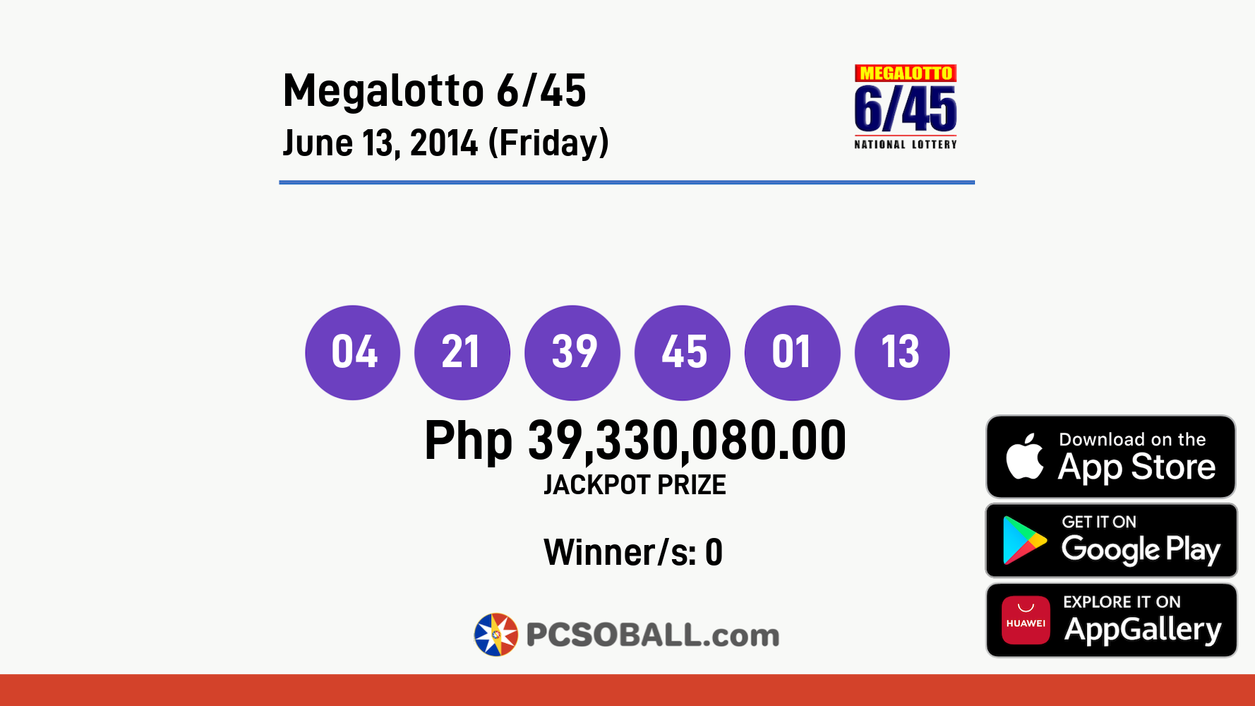 Megalotto 6/45 June 13, 2014 (Friday) Result