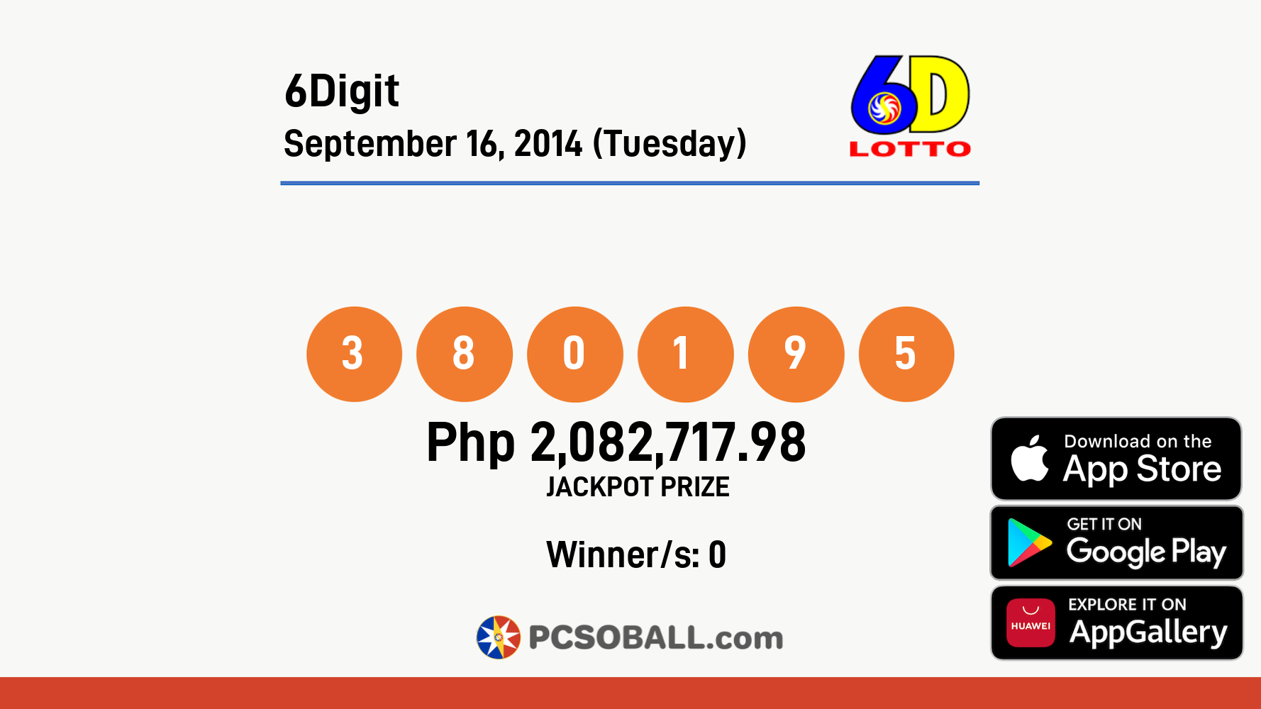 6Digit September 16, 2014 (Tuesday) Result