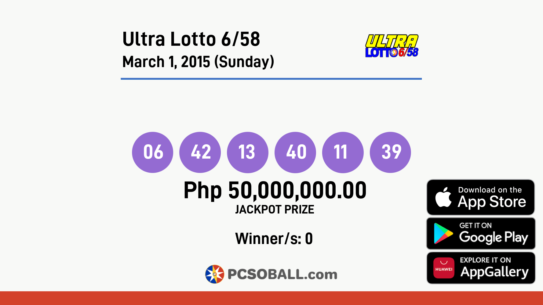 Ultra Lotto 6/58 March 1, 2015 (Sunday) Result