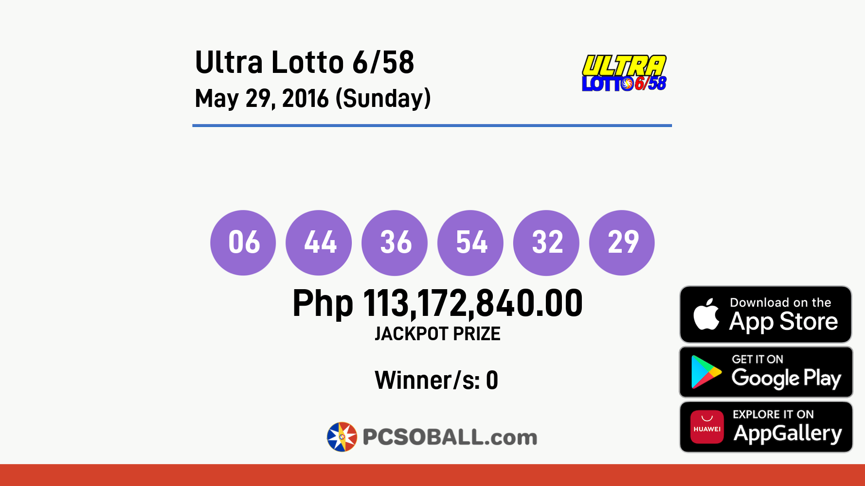 Ultra Lotto 6/58 May 29, 2016 (Sunday) Result