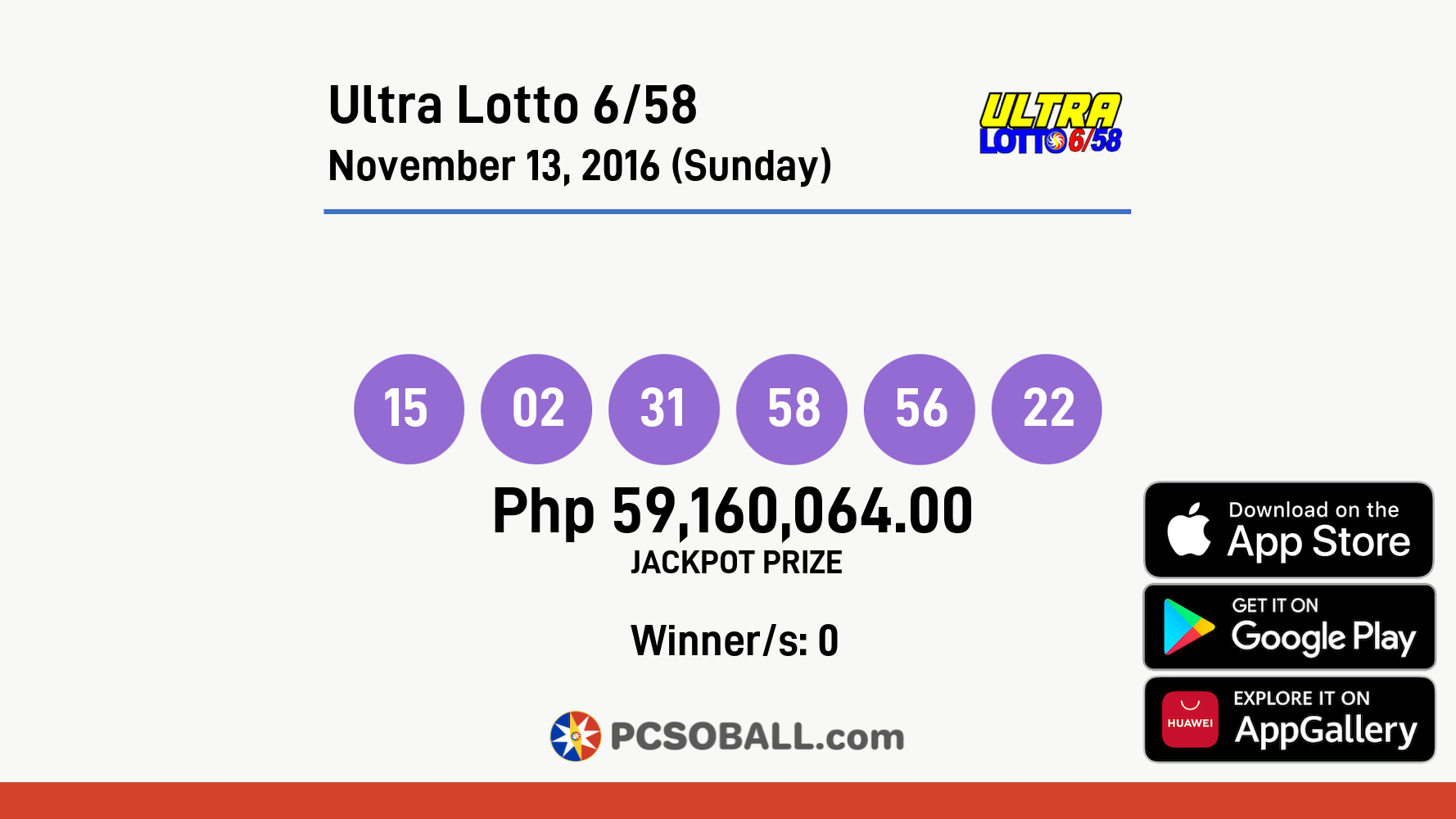 Ultra Lotto 6/58 November 13, 2016 (Sunday) Result