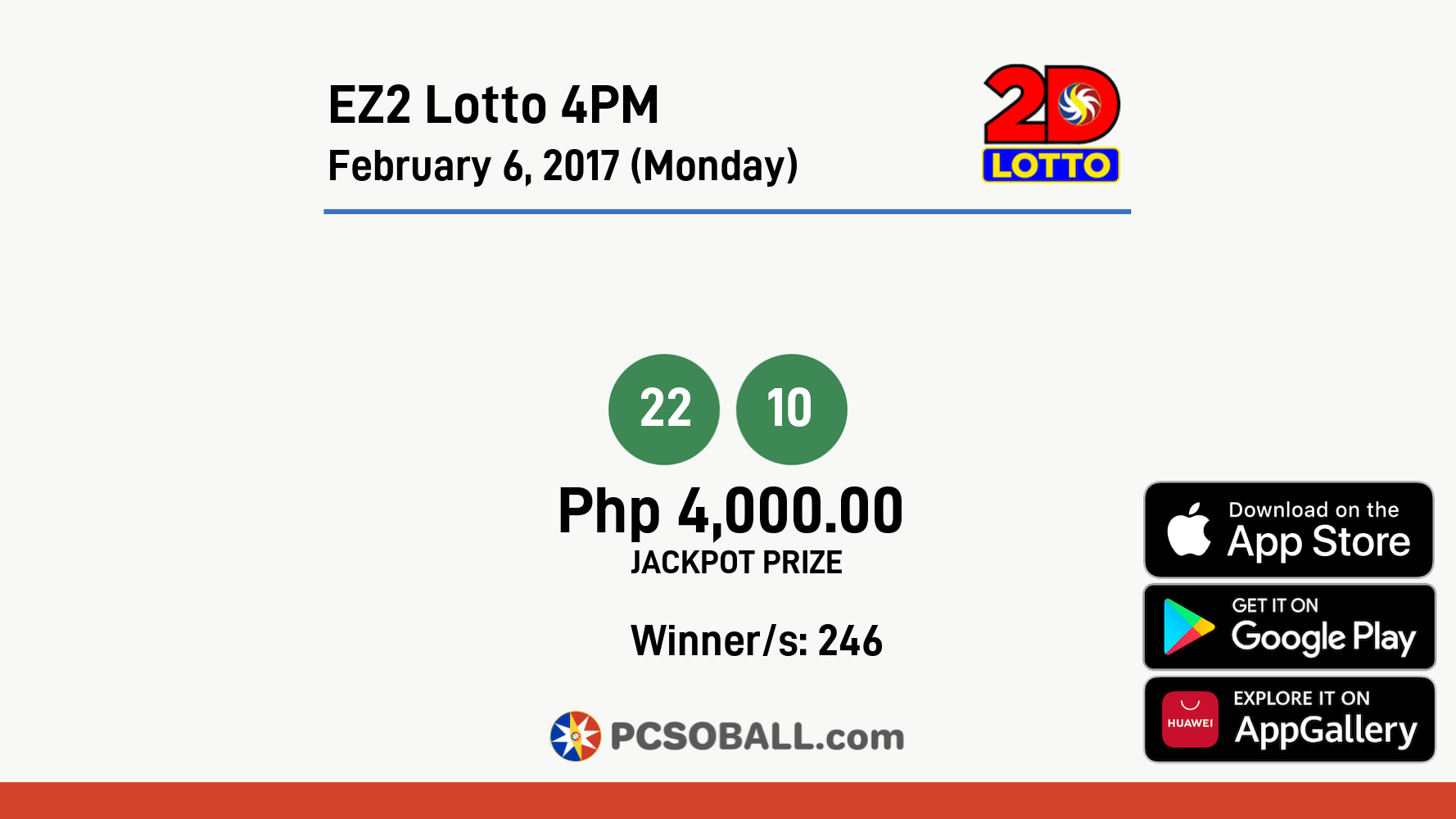 EZ2 Lotto 4PM February 6, 2017 (Monday) Result