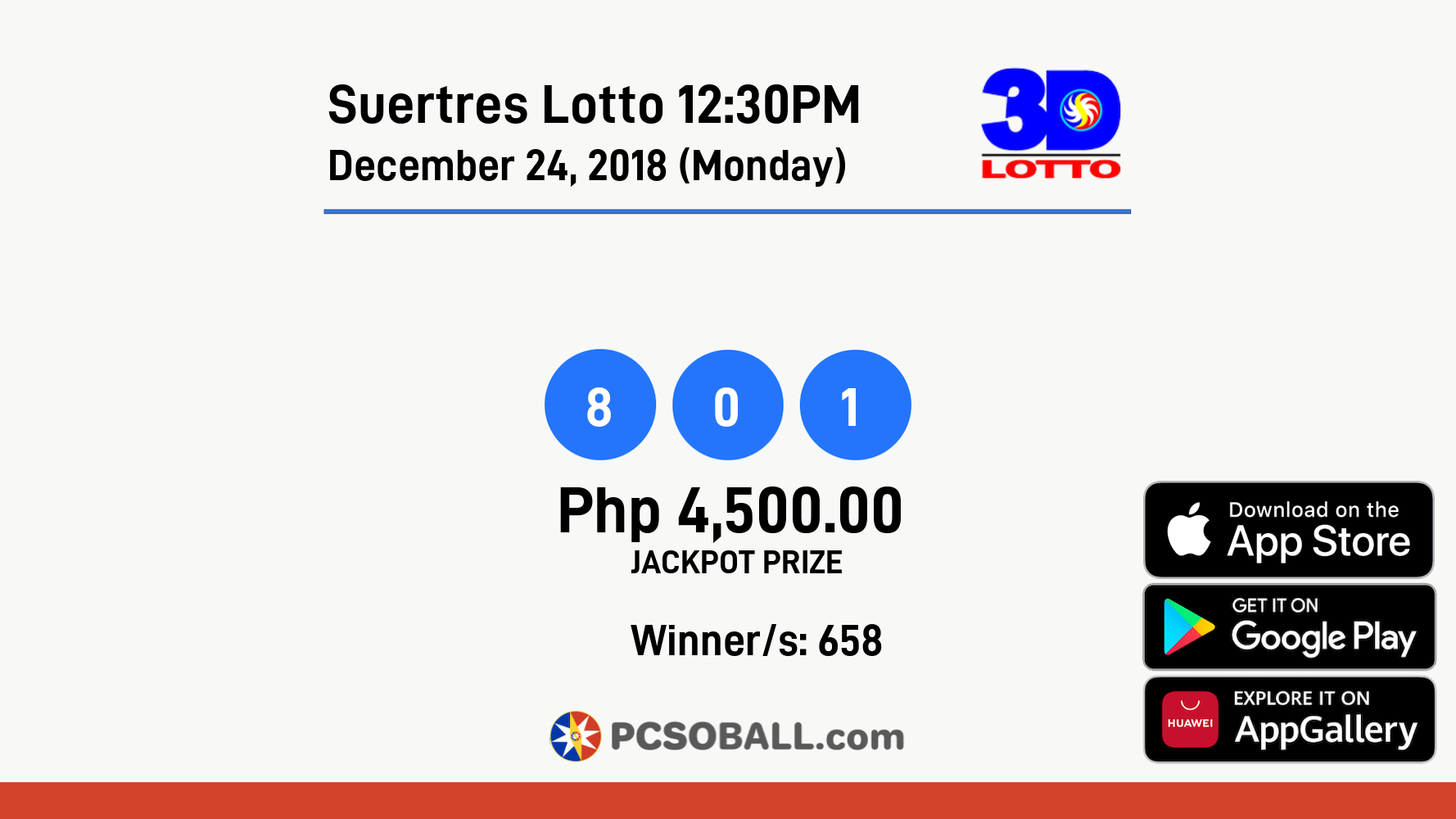 Suertres Lotto 12:30PM December 24, 2018 (Monday) Result