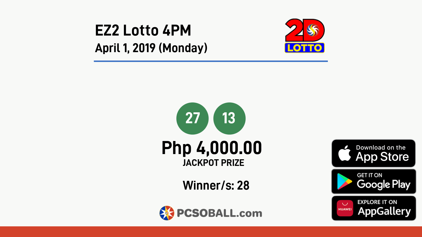 EZ2 Lotto 4PM April 1, 2019 (Monday) Result