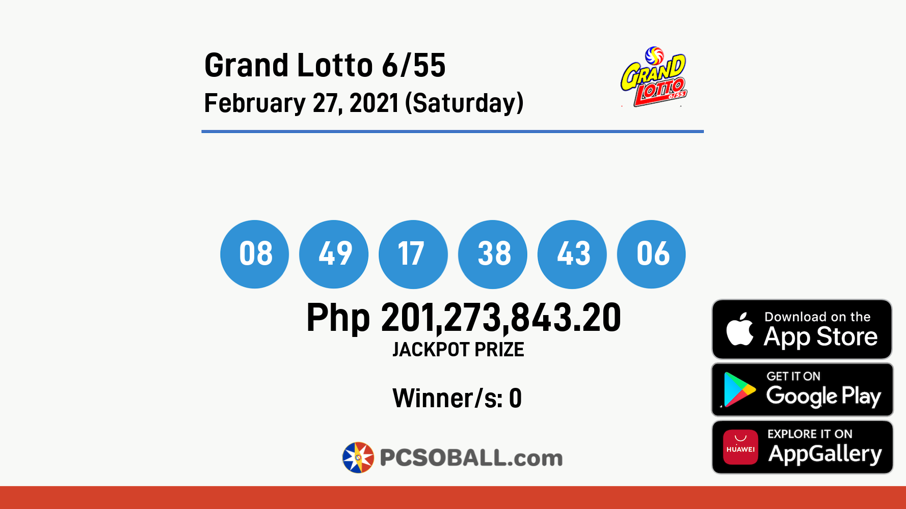 Grand Lotto 6/55 February 27, 2021 (Saturday) Result