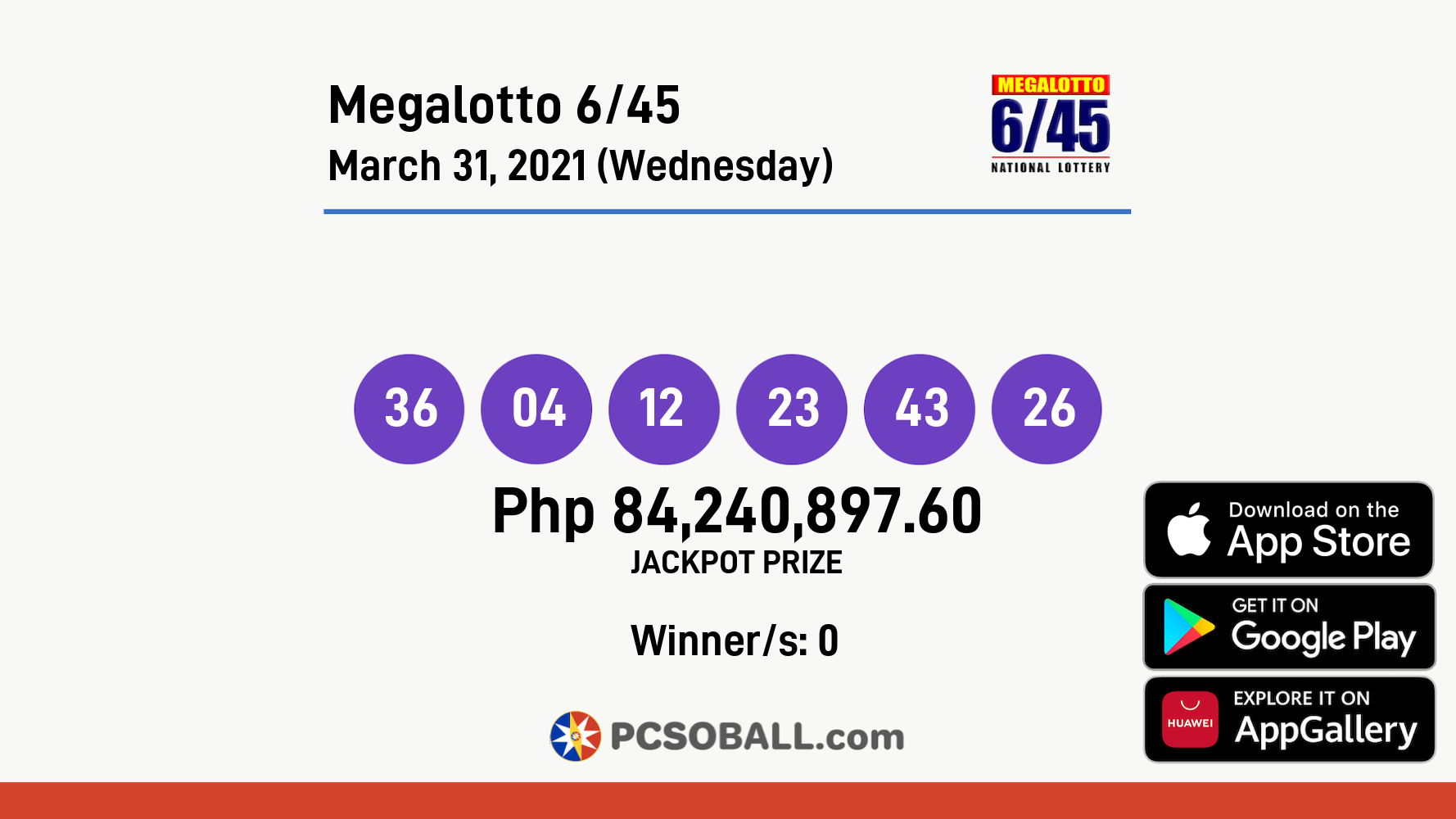 Megalotto 6/45 March 31, 2021 (Wednesday) Result