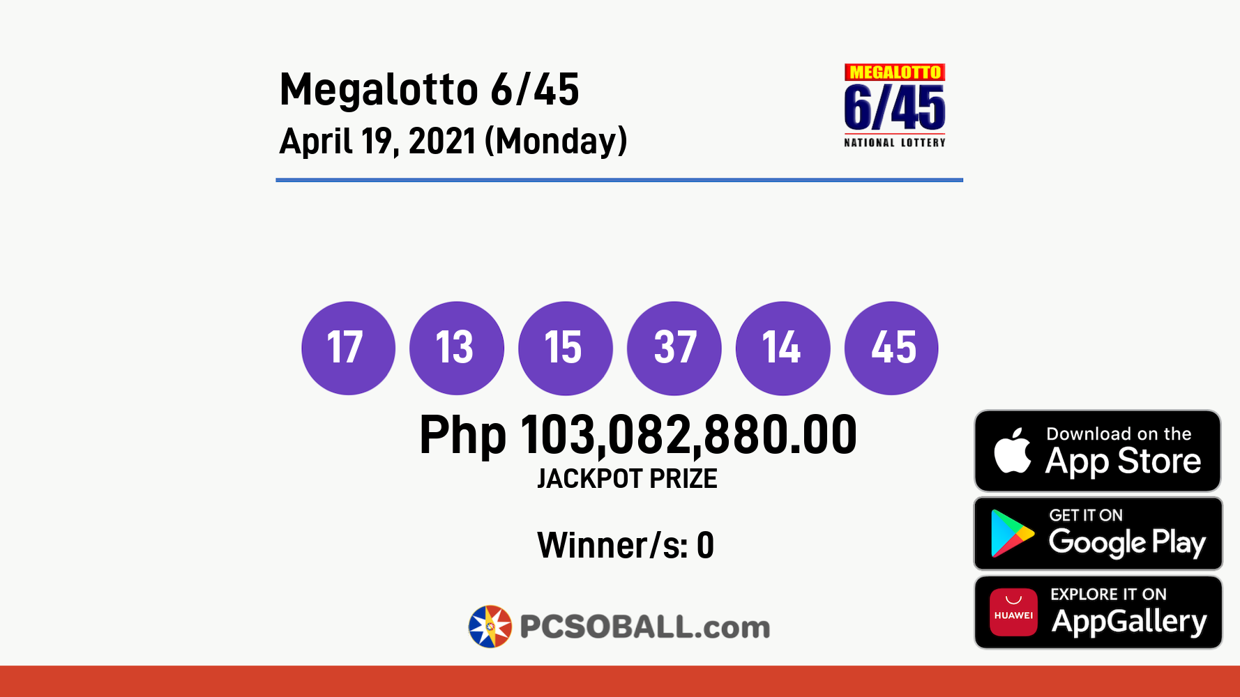 Megalotto 6/45 April 19, 2021 (Monday) Result