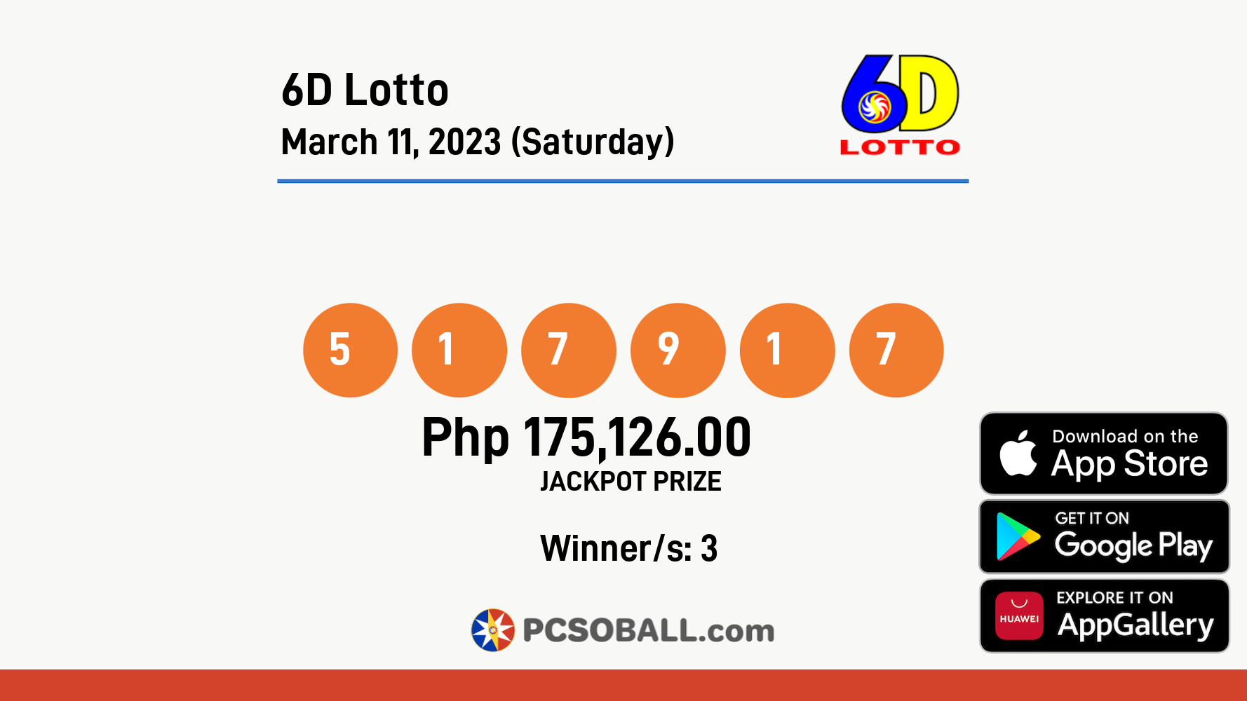 6D Lotto March 11, 2023 (Saturday) Result