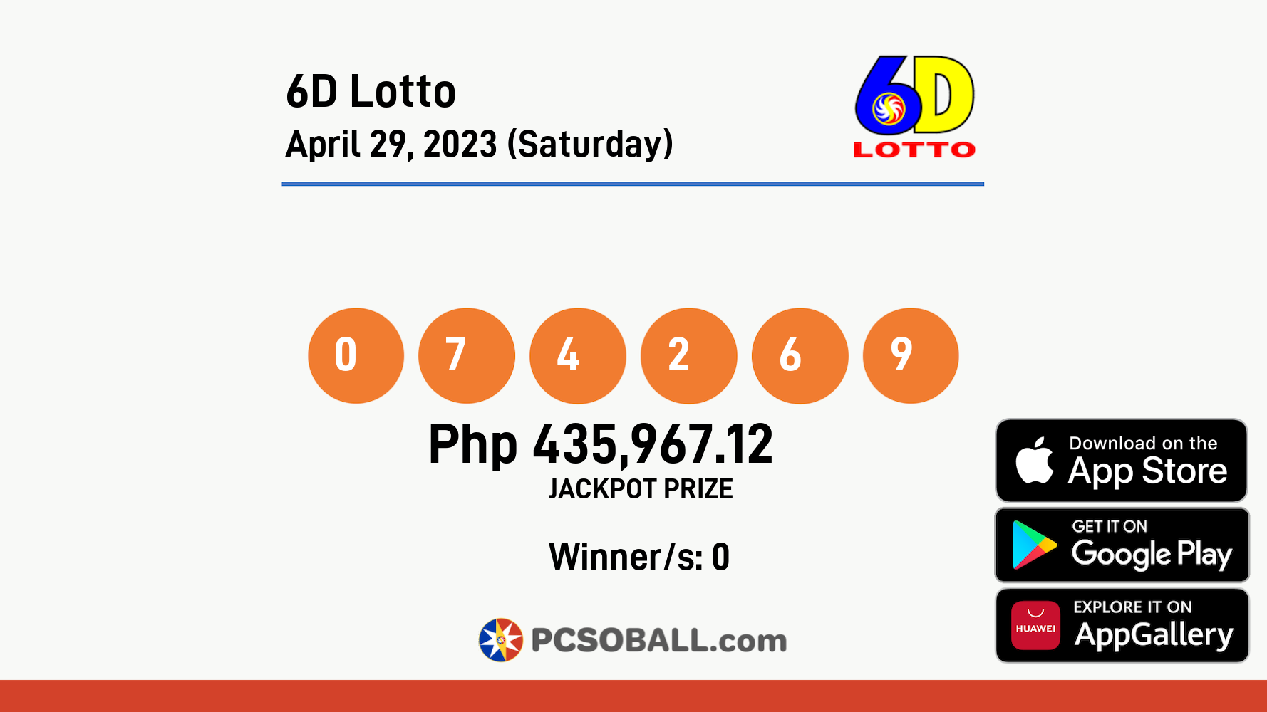 6D Lotto April 29, 2023 (Saturday) Result