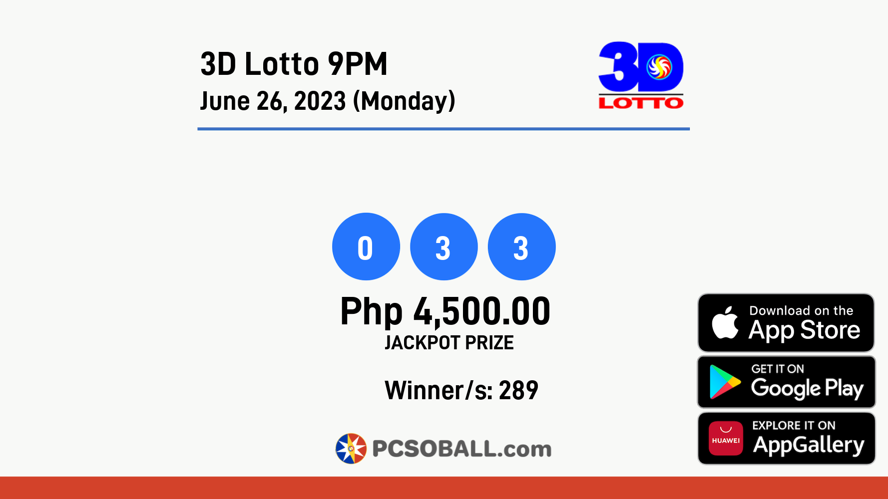 3D Lotto 9PM June 26, 2023 (Monday) Result