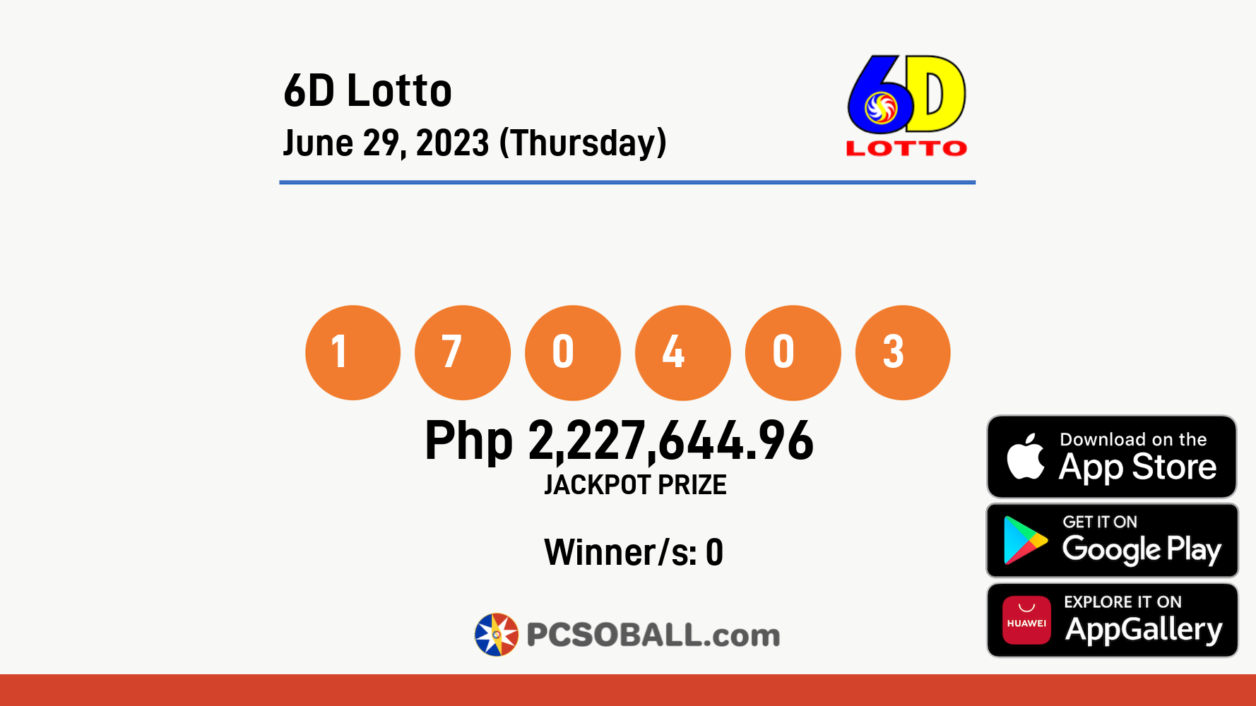 6D Lotto June 29, 2023 (Thursday) Result