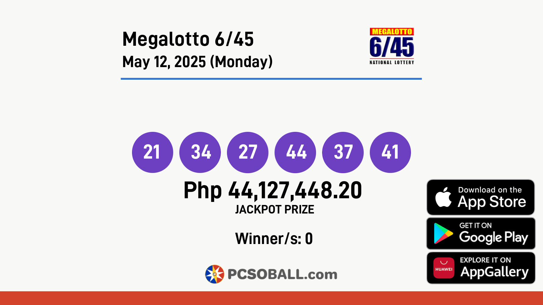 Megalotto 6/45 May 12, 2025 (Monday) Result