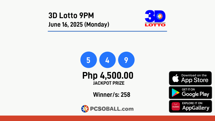 3D Lotto 9PM June 16, 2025 (Monday) Result