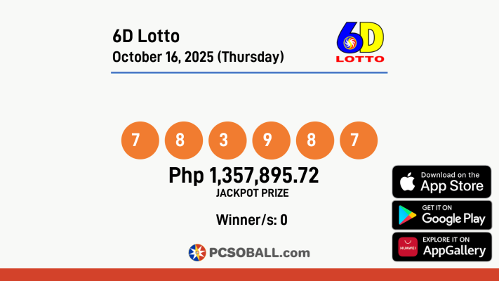 6D Lotto October 16, 2025 (Thursday) Result